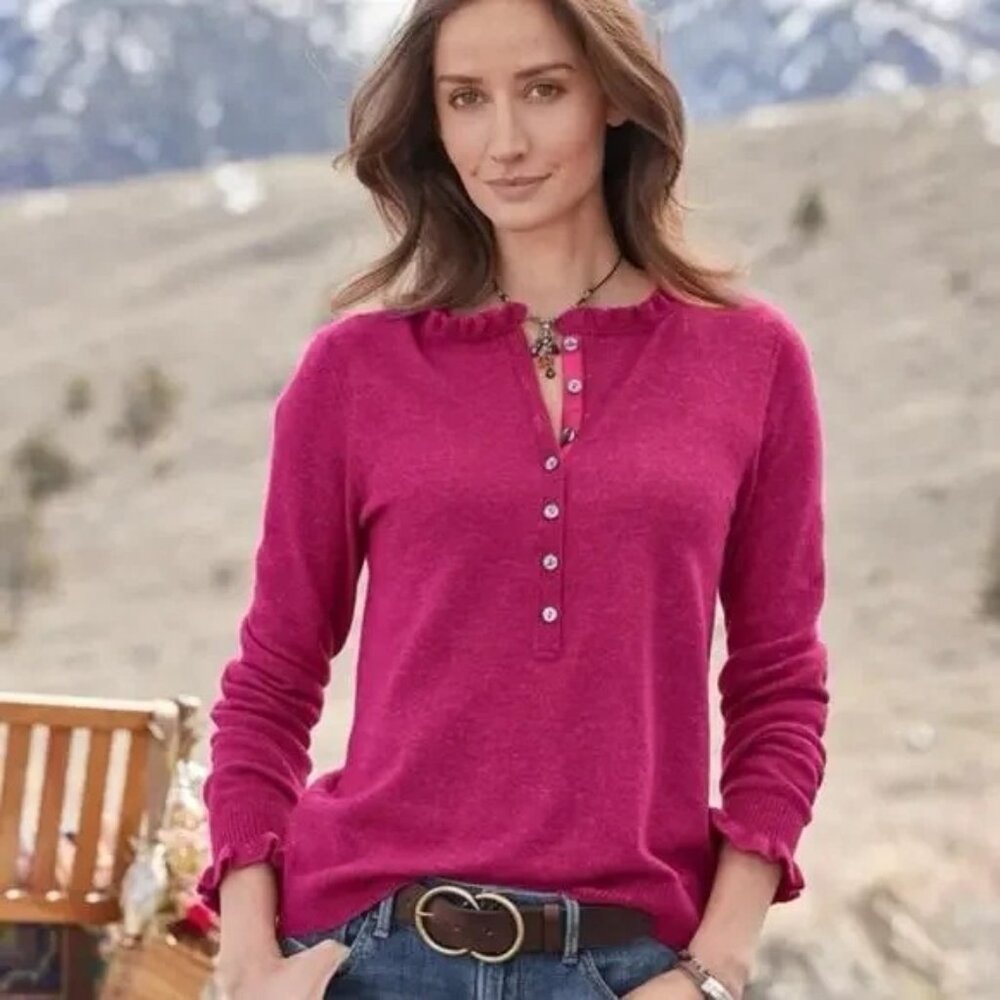 Sundance Womens Small Pink Ruffle Collar Edwina‎ Henley Sweater Wool Blend Knit